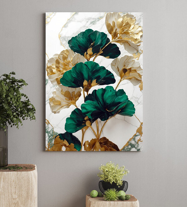 Groene en witte bloemen op een marmeren oppervlak Groene en witte bloemen op een marmeren oppervlak