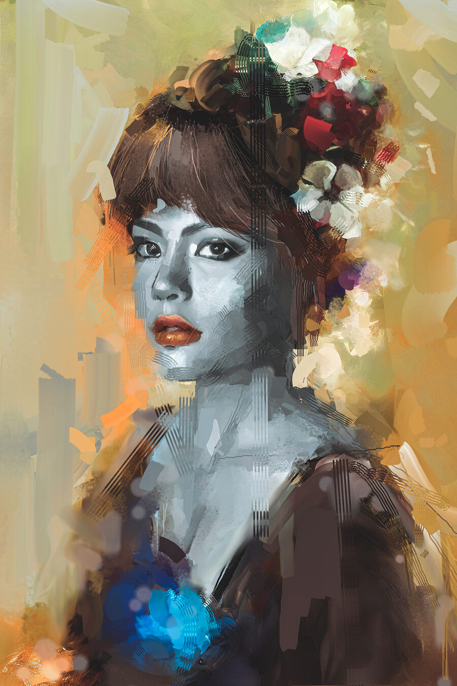 Een vrouw met bloemen in haar haar