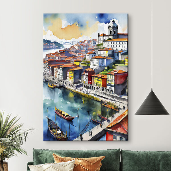 Aquarel van een stad met boten en een brug Aquarel van een stad met boten en een brug