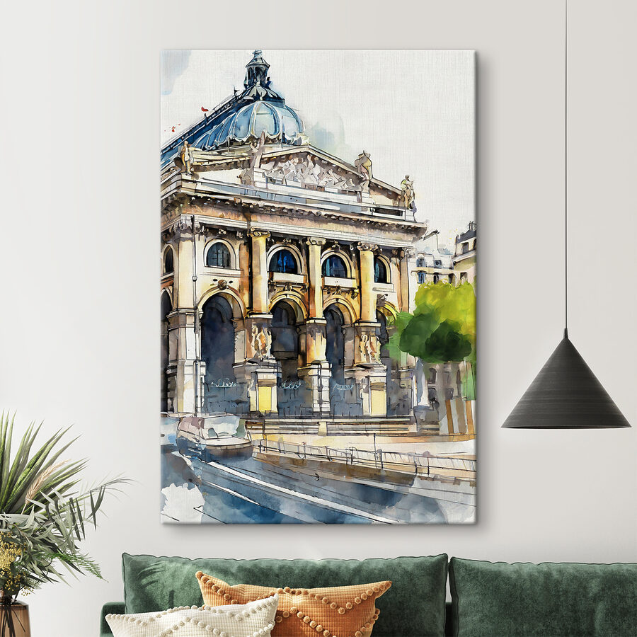 Een aquarel van een gebouw