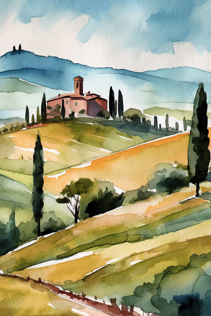 Watercolor of a house on a hill with trees and hills