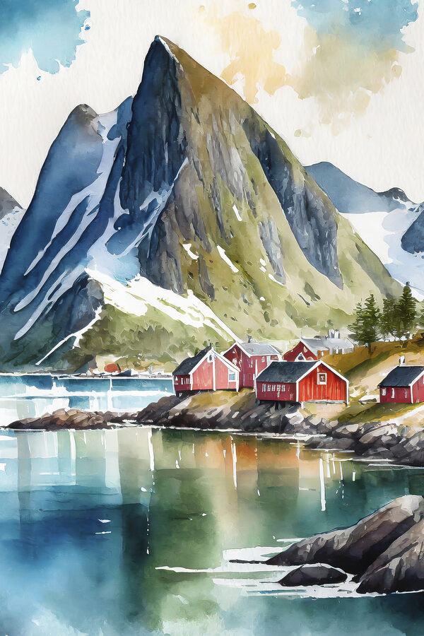 Aquarel schilderij van een dorp bij een meer en bergen Aquarel schilderij van een dorp bij een meer en bergen