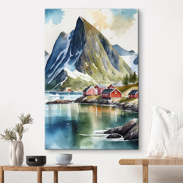 Aquarel schilderij van een dorp bij een meer en bergen Aquarel schilderij van een dorp bij een meer en bergen