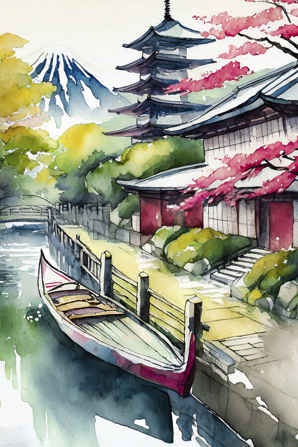 A watercolor painting of a boat on a river A watercolor painting of a boat on a river