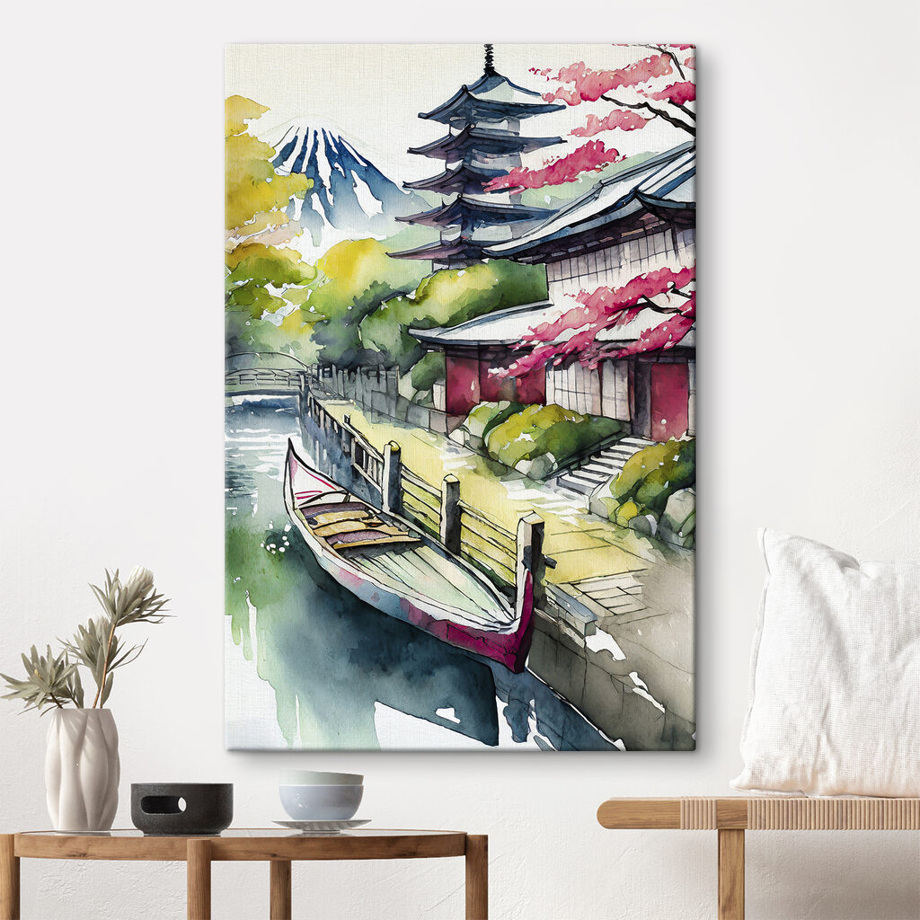 A watercolor painting of a boat on a river