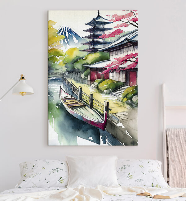 A watercolor painting of a boat on a river A watercolor painting of a boat on a river