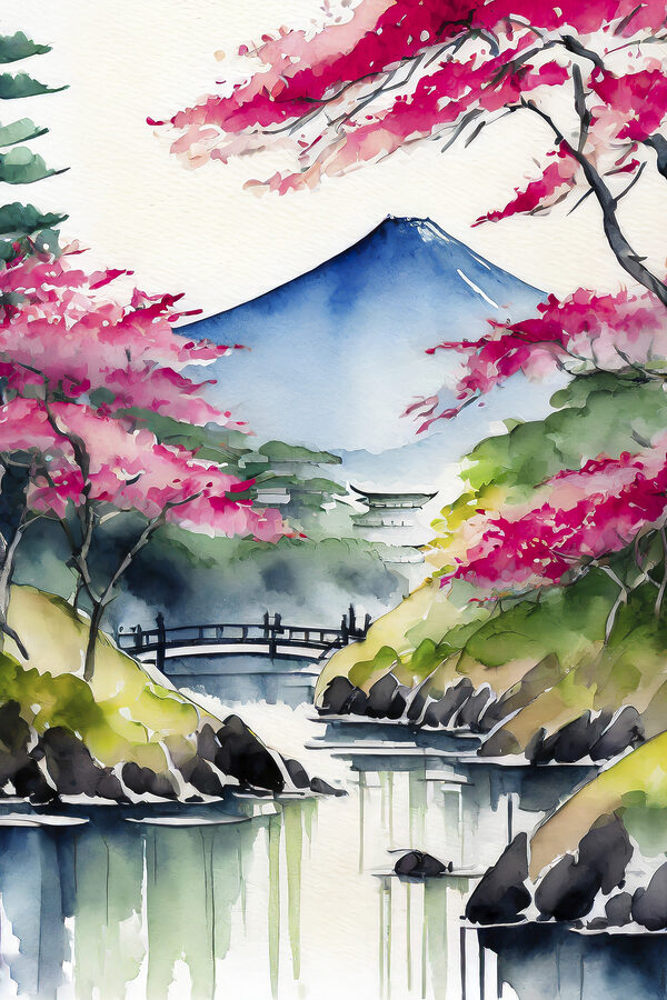 Aquarel van een berg en bomen met roze bloemen Aquarel van een berg en bomen met roze bloemen