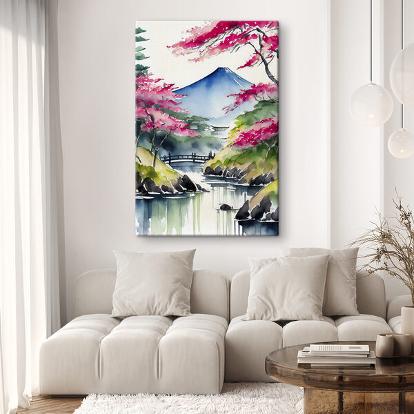 Aquarel van een berg en bomen met roze bloemen Aquarel van een berg en bomen met roze bloemen