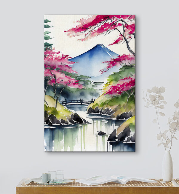 Aquarel van een berg en bomen met roze bloemen Aquarel van een berg en bomen met roze bloemen