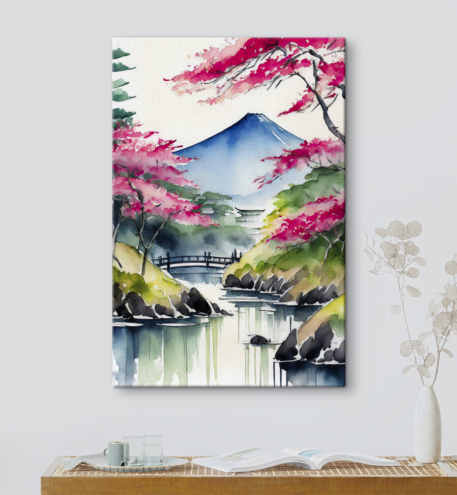 Aquarel van een berg en bomen met roze bloemen Aquarel van een berg en bomen met roze bloemen