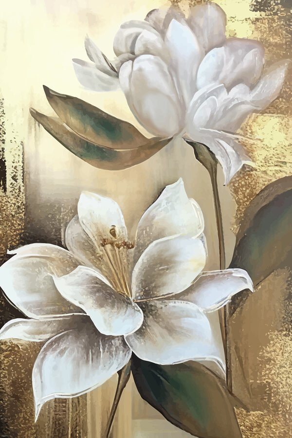 Een schilderij van bloemen op een muur Een schilderij van bloemen op een muur