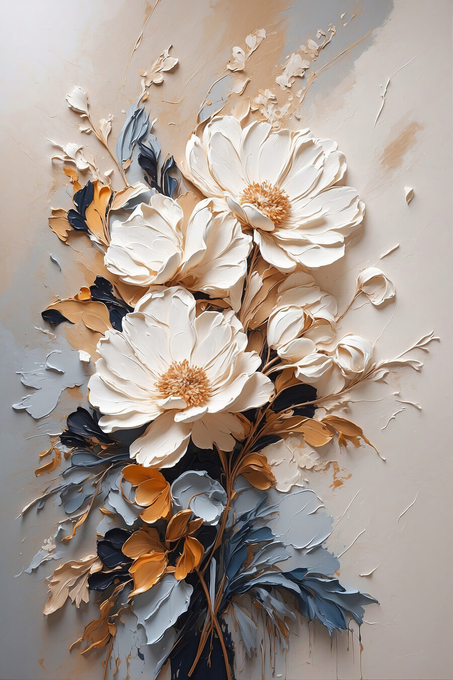 Een schilderij van bloemen op een muur