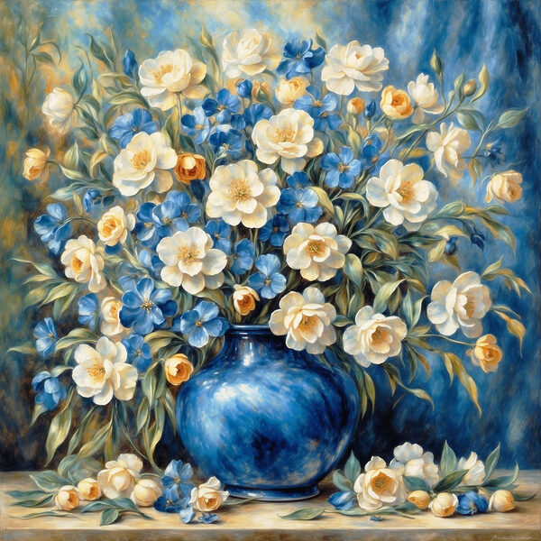 Een schilderij van bloemen in een blauwe vaas Een schilderij van bloemen in een blauwe vaas
