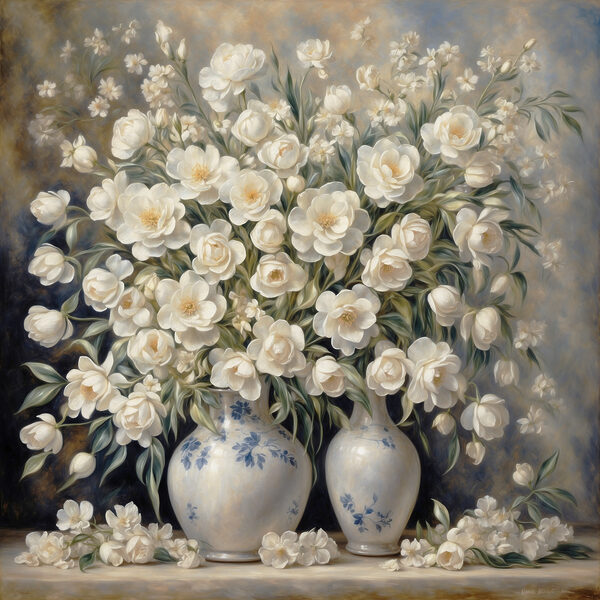 Een schilderij van witte bloemen in vazen Een schilderij van witte bloemen in vazen