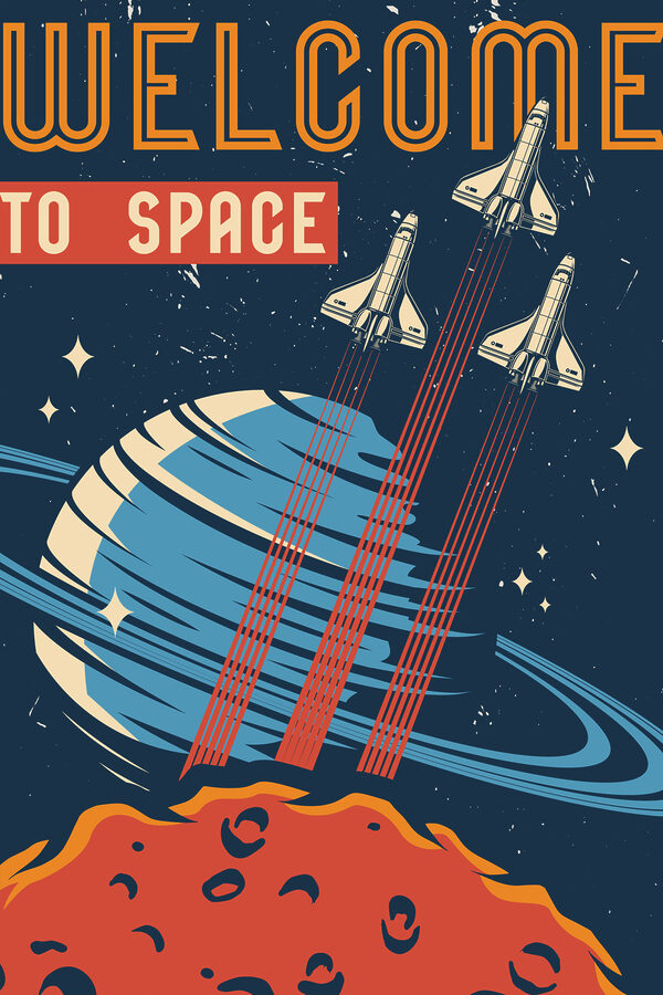 Een poster met vliegende spaceshuttles in de lucht Een poster met vliegende spaceshuttles in de lucht