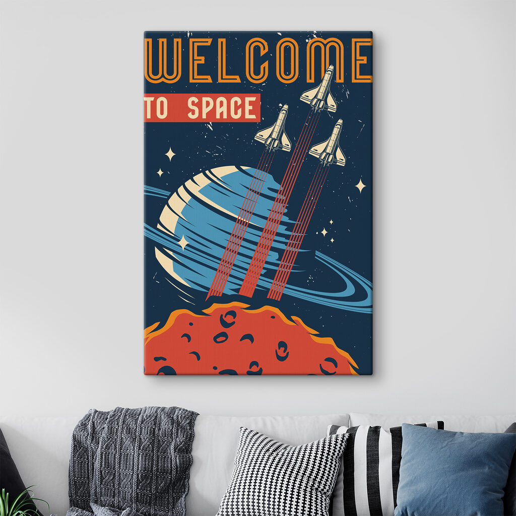 A poster with space shuttles flying in the sky