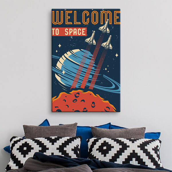 Een poster met vliegende spaceshuttles in de lucht Een poster met vliegende spaceshuttles in de lucht