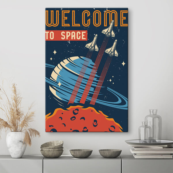 Een poster met vliegende spaceshuttles in de lucht Een poster met vliegende spaceshuttles in de lucht