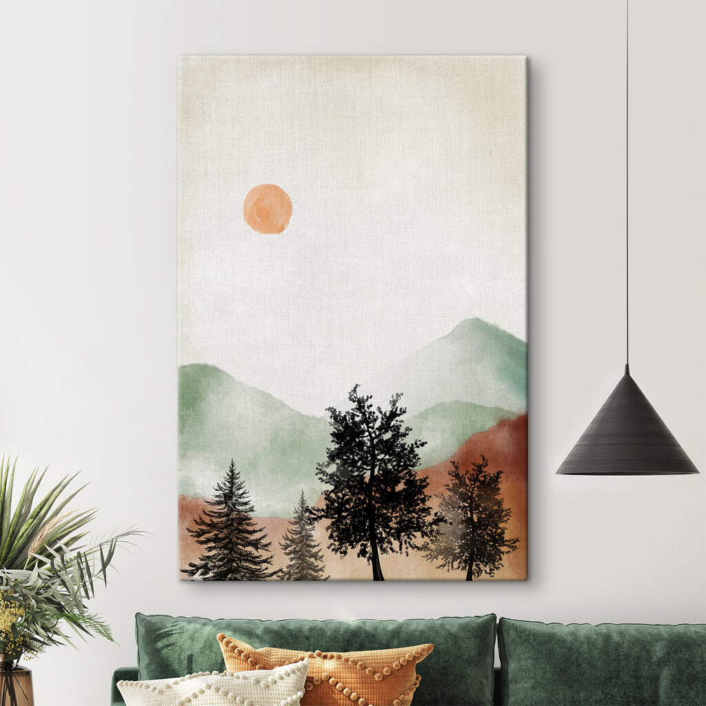 A painting of a mountain landscape with trees and mountains