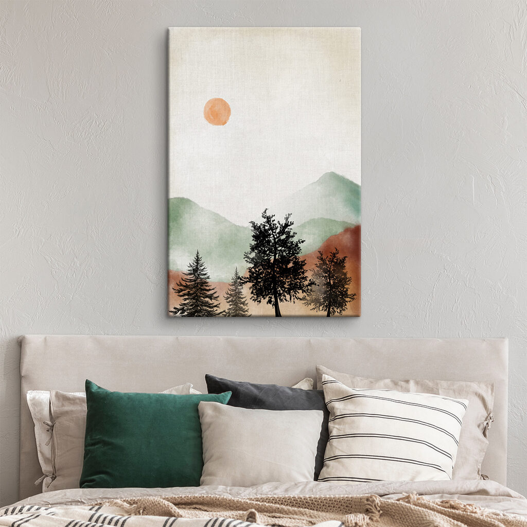 A painting of a mountain landscape with trees and mountains