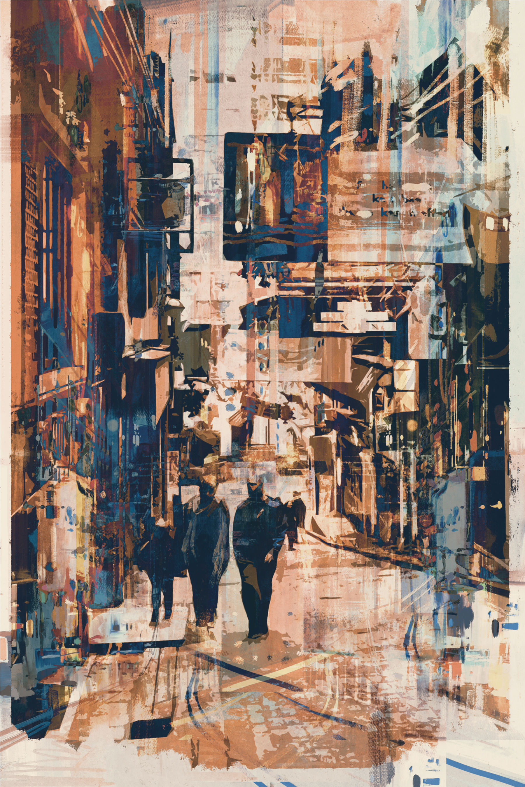 A group of people walking down a street