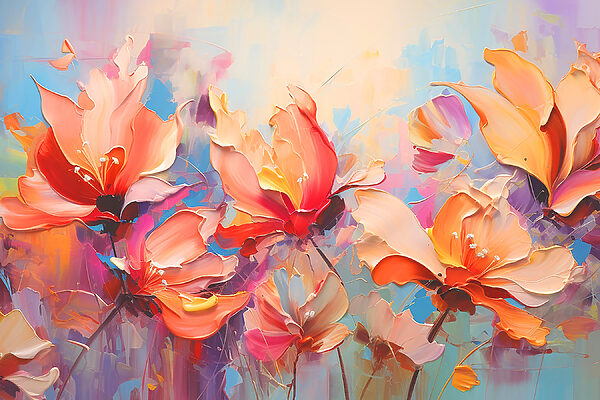 Een schilderij van bloemen op een blauwe achtergrond Een schilderij van bloemen op een blauwe achtergrond