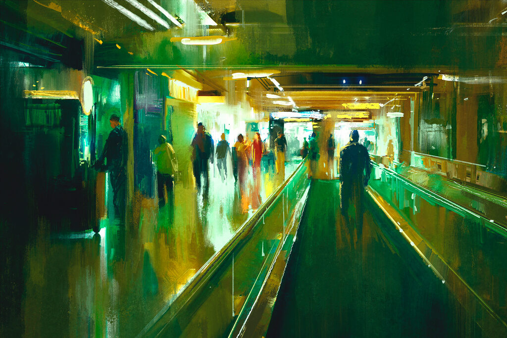 A group of people walking on an escalator