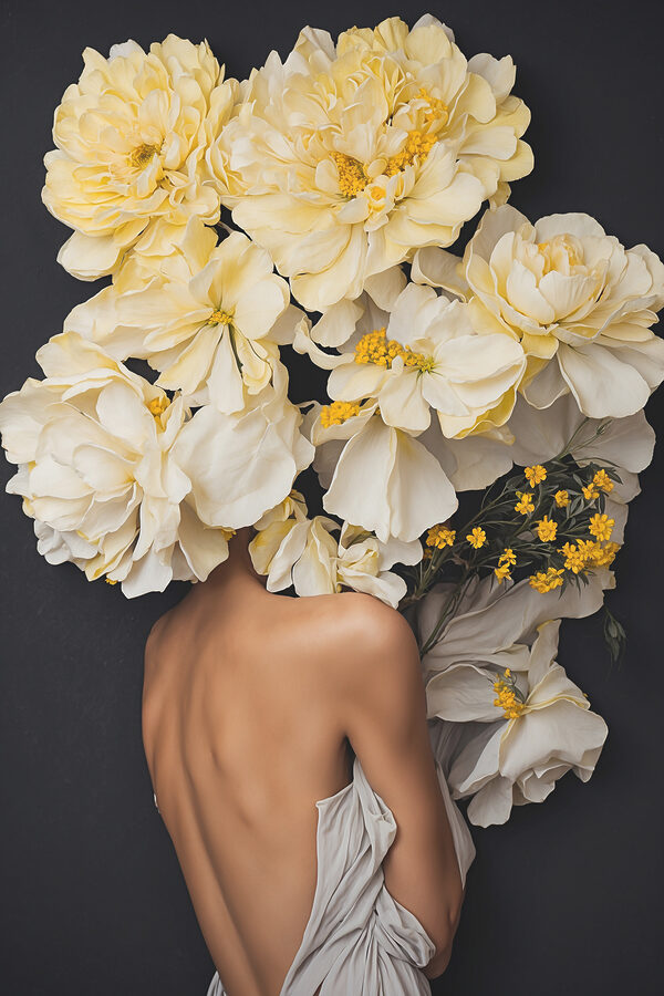 Een vrouw met bloemen boven haar hoofd Een vrouw met bloemen boven haar hoofd