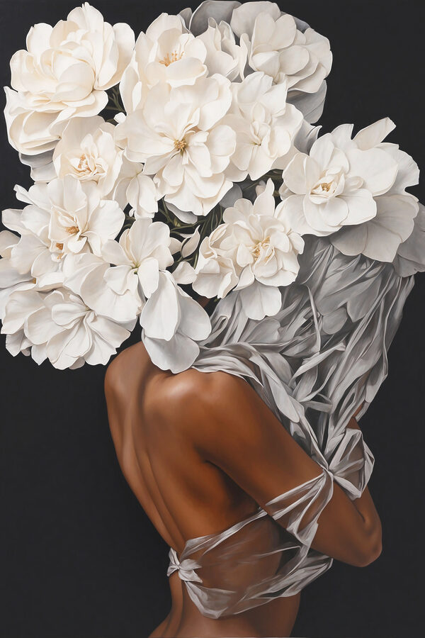Een vrouw met witte bloemen op haar hoofd Een vrouw met witte bloemen op haar hoofd