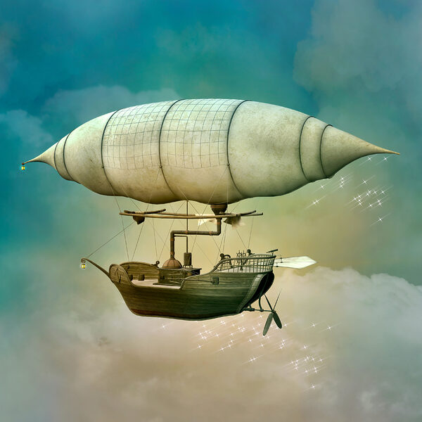 Een steampunk luchtschip in de lucht Een steampunk luchtschip in de lucht