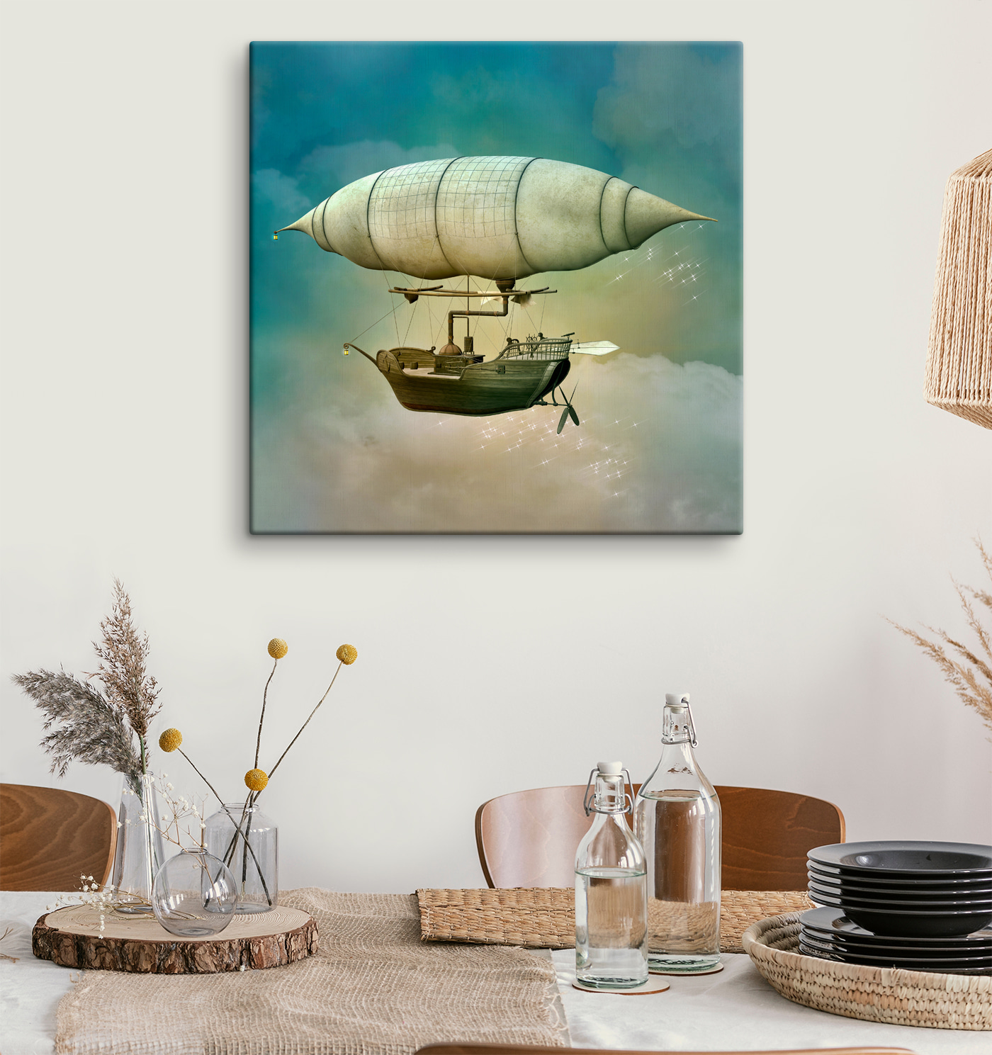 A steampunk airship in the sky