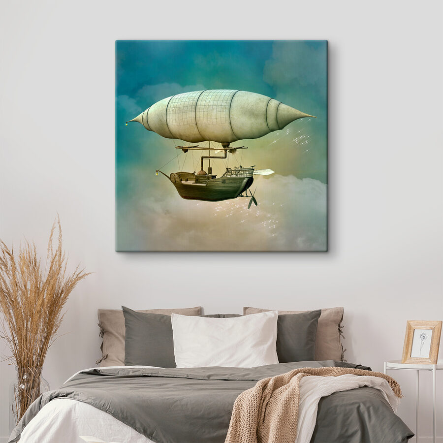 Een steampunk luchtschip in de lucht