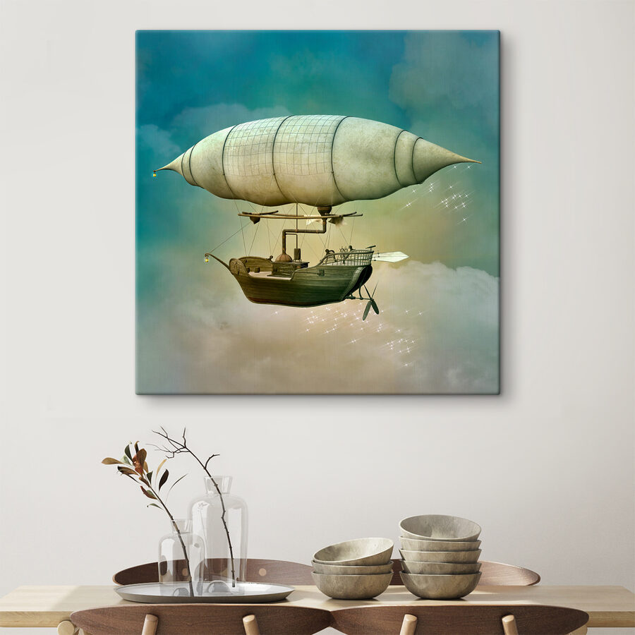 Een steampunk luchtschip in de lucht