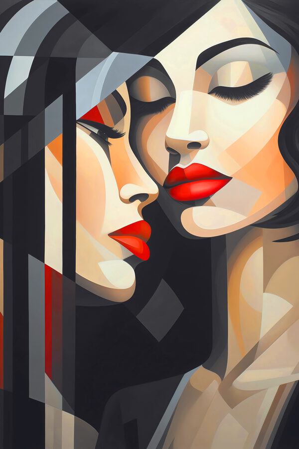 Een schilderij van vrouwen met rode lippen Een schilderij van vrouwen met rode lippen