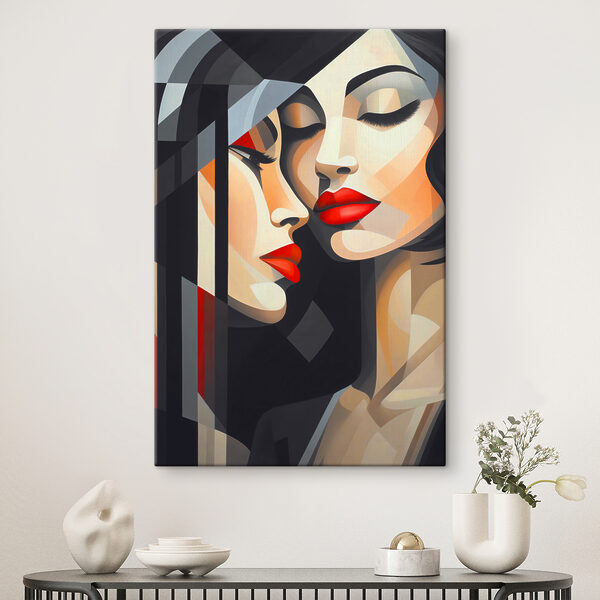 Een schilderij van vrouwen met rode lippen Een schilderij van vrouwen met rode lippen