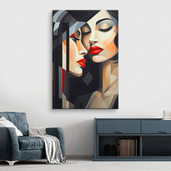 Een schilderij van vrouwen met rode lippen Een schilderij van vrouwen met rode lippen