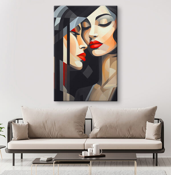 Een schilderij van vrouwen met rode lippen Een schilderij van vrouwen met rode lippen