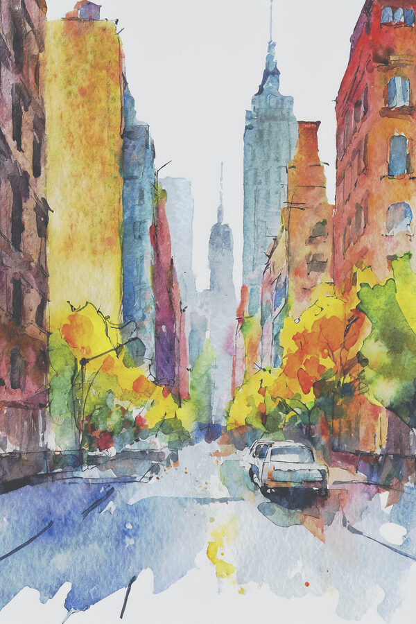 A watercolor painting of a street with buildings and cars