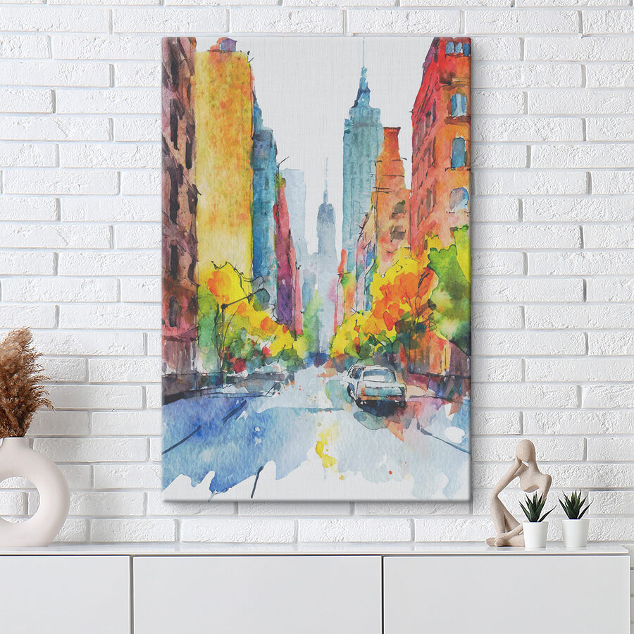 Een aquarelschilderij van een straat met gebouwen en auto's