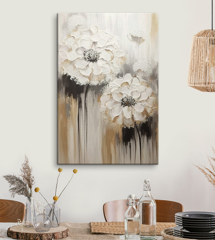 Een schilderij van witte bloemen