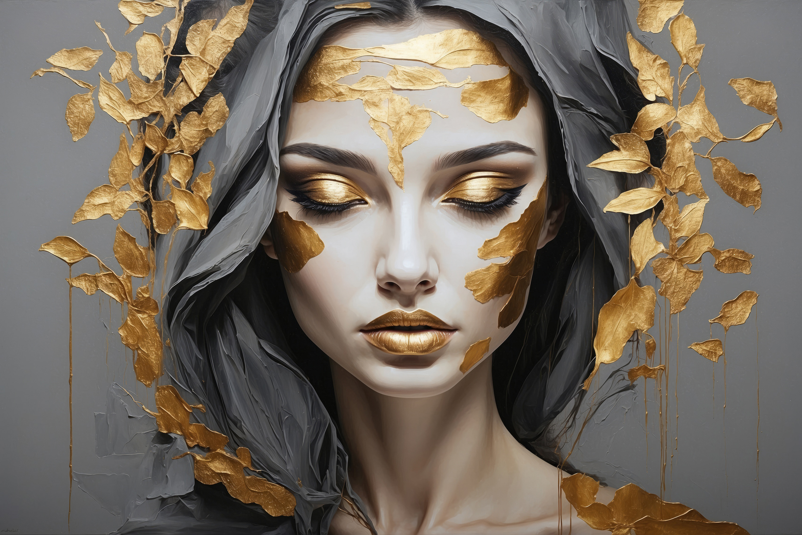 Ethereal beauty adorned in metallic leaves