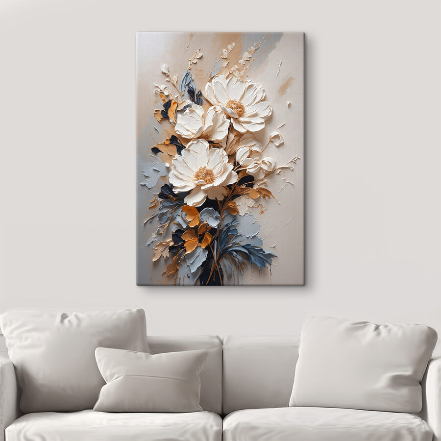 Een schilderij van bloemen op een muur