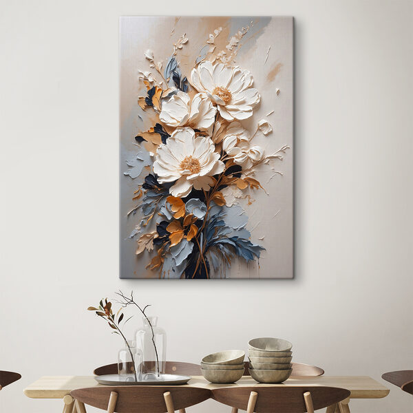 Een schilderij van bloemen op een muur Een schilderij van bloemen op een muur