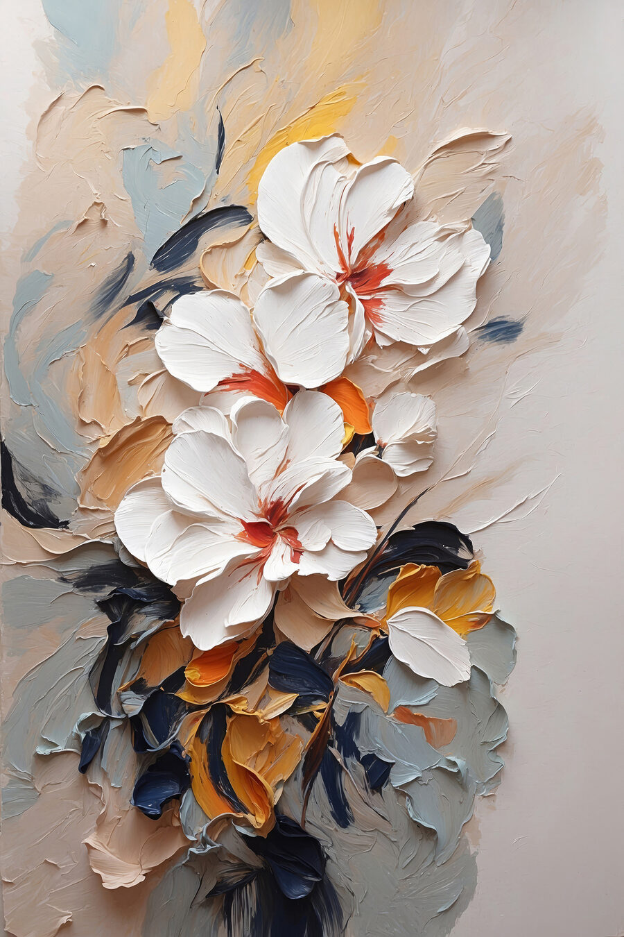 Een schilderij van bloemen op een muur Een schilderij van bloemen op een muur