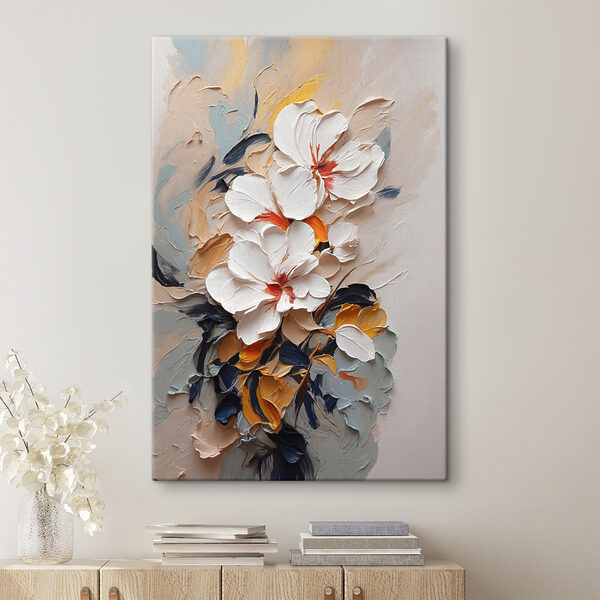 Een schilderij van bloemen op een muur Een schilderij van bloemen op een muur