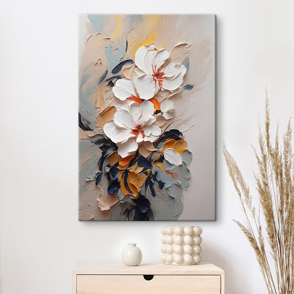 Een schilderij van bloemen op een muur Een schilderij van bloemen op een muur