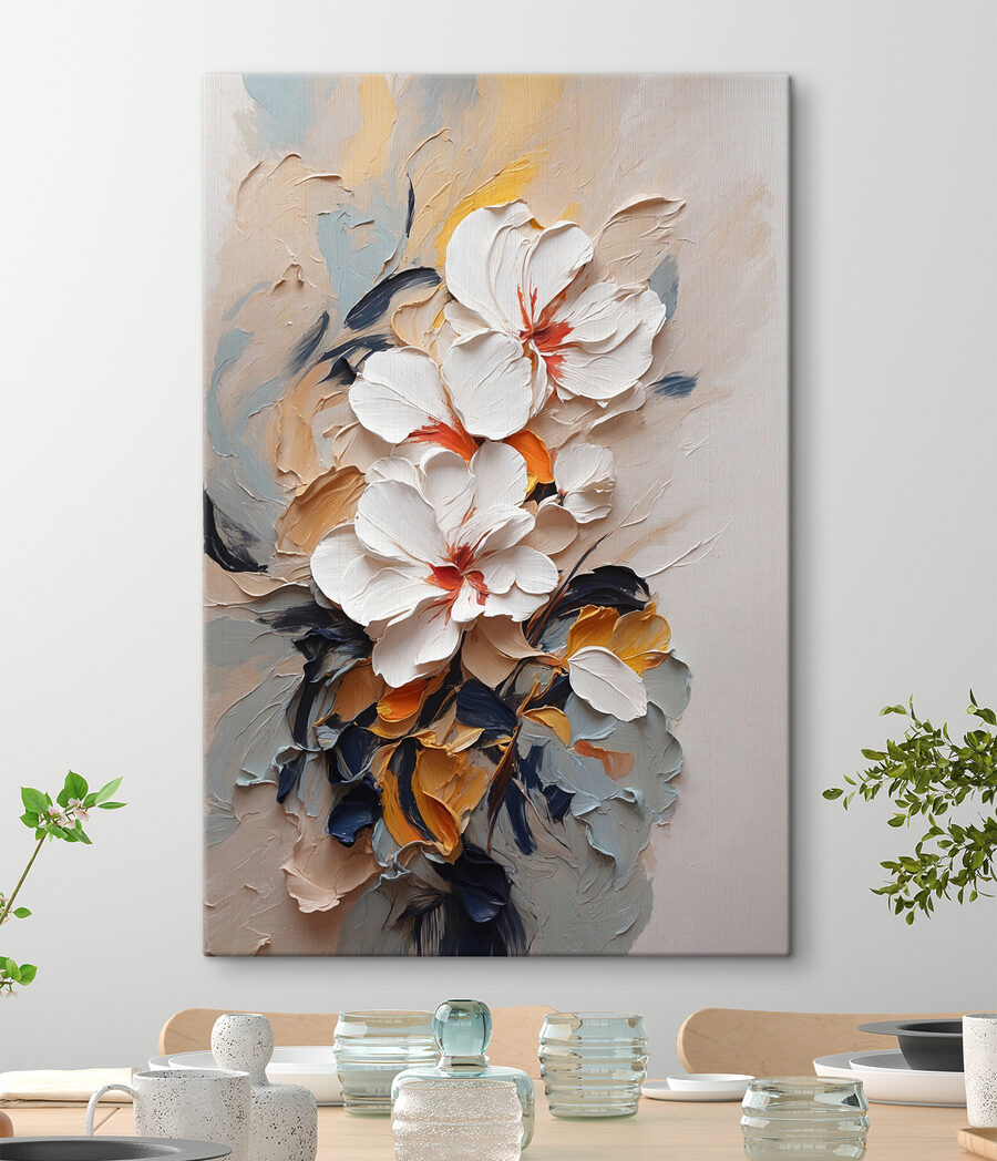 Een schilderij van bloemen op een muur Een schilderij van bloemen op een muur