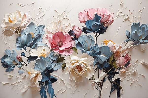 Een schilderij van bloemen op een wit oppervlak Een schilderij van bloemen op een wit oppervlak