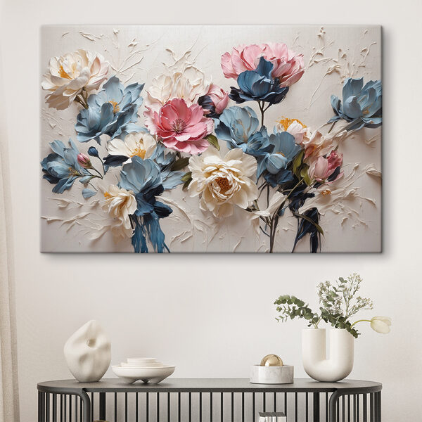 Een schilderij van bloemen op een wit oppervlak Een schilderij van bloemen op een wit oppervlak