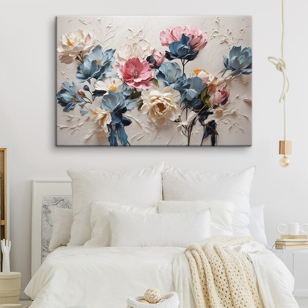 Een schilderij van bloemen op een wit oppervlak Een schilderij van bloemen op een wit oppervlak